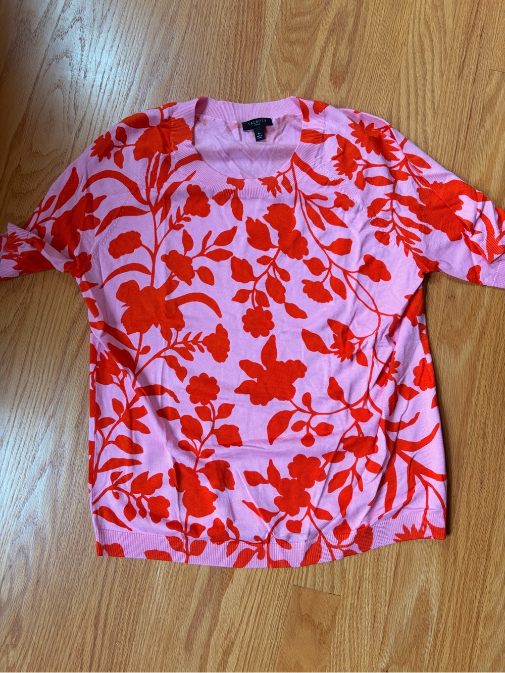 Talbots Petite Pink Lightweight Sweater Tee with Bold Orange/Red Floral Print